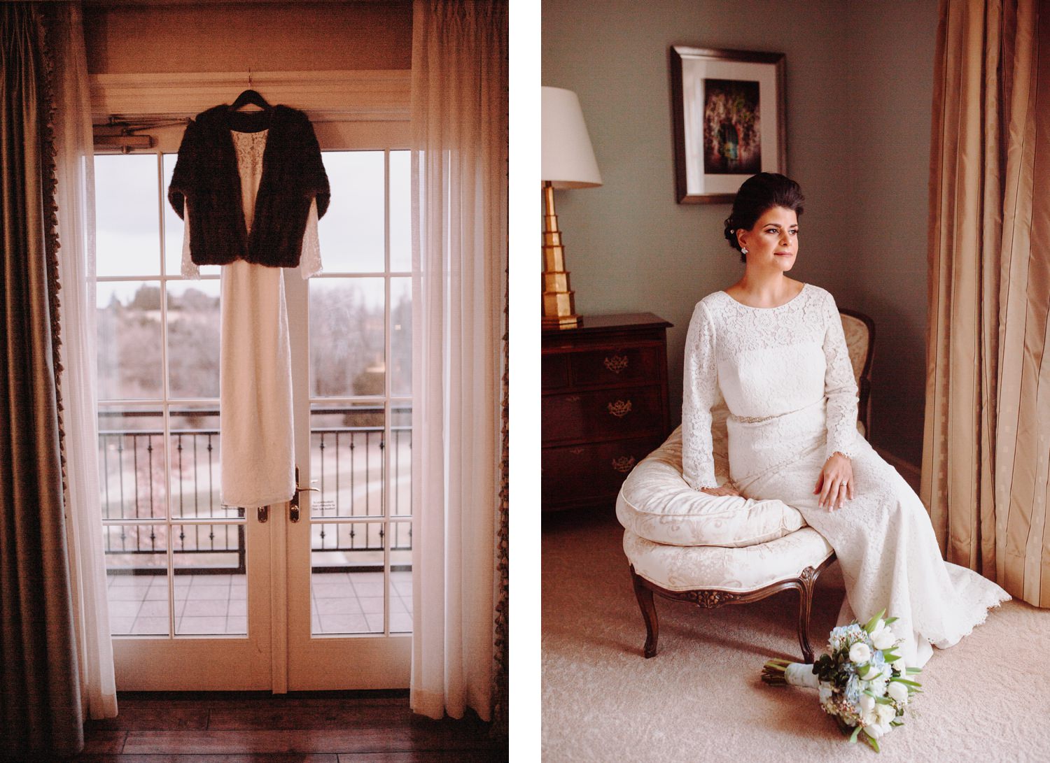 bride beside window and dress