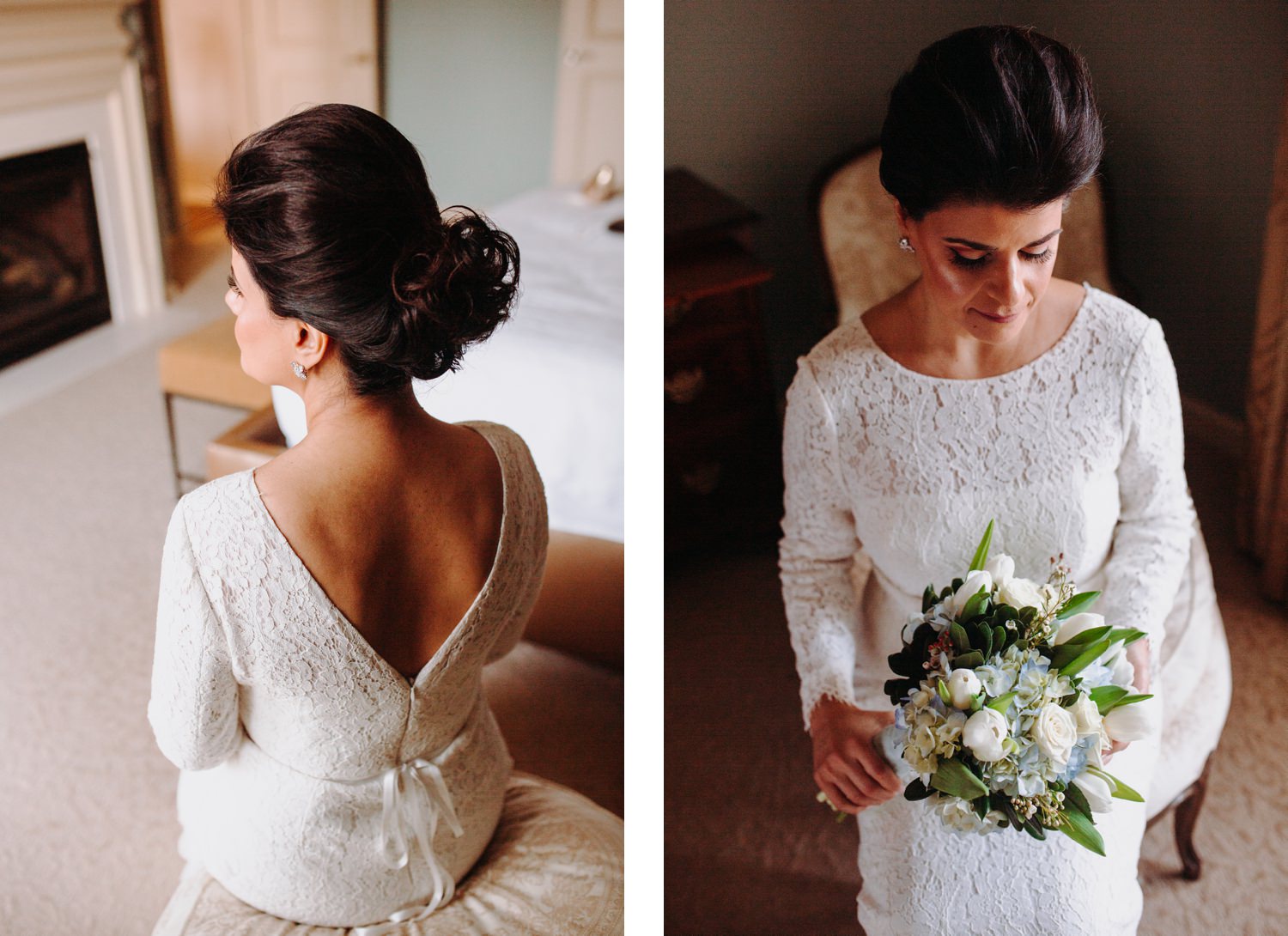 bride sitting with bouquet