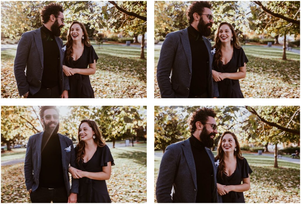 bride and groom laugh during DC engagement portraits