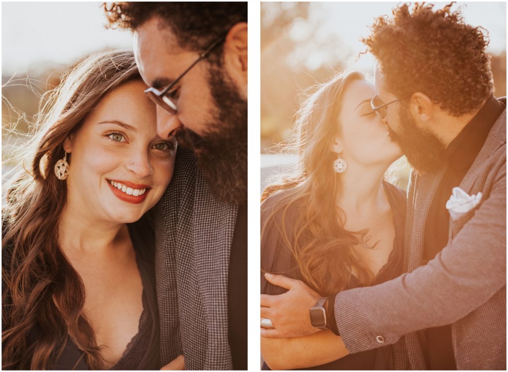 bride and groom pose during sunset Capitol Hill engagement session