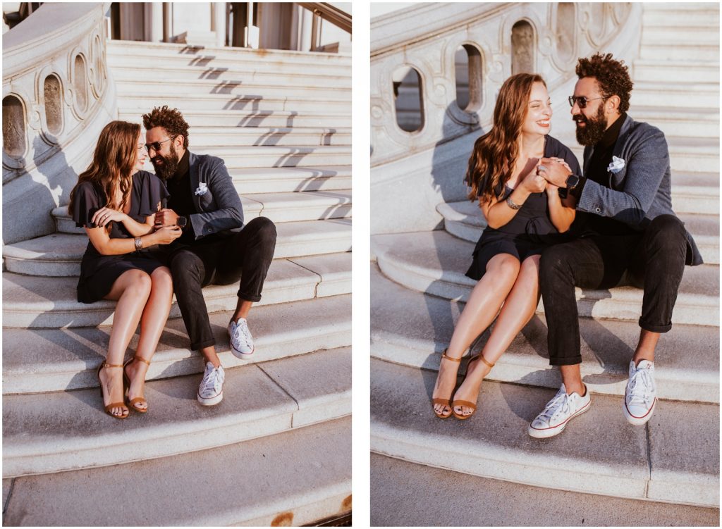 bride and groom sit on steps at US Capitol