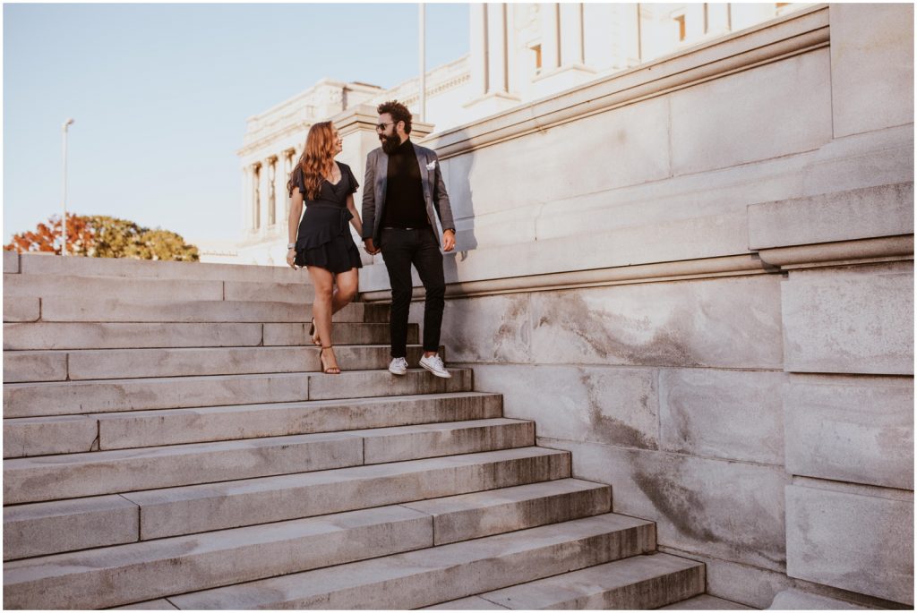 bride and groom walk down steps in Washington DC