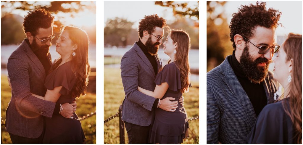 engaged couple poses by Potomac River in Washington DC