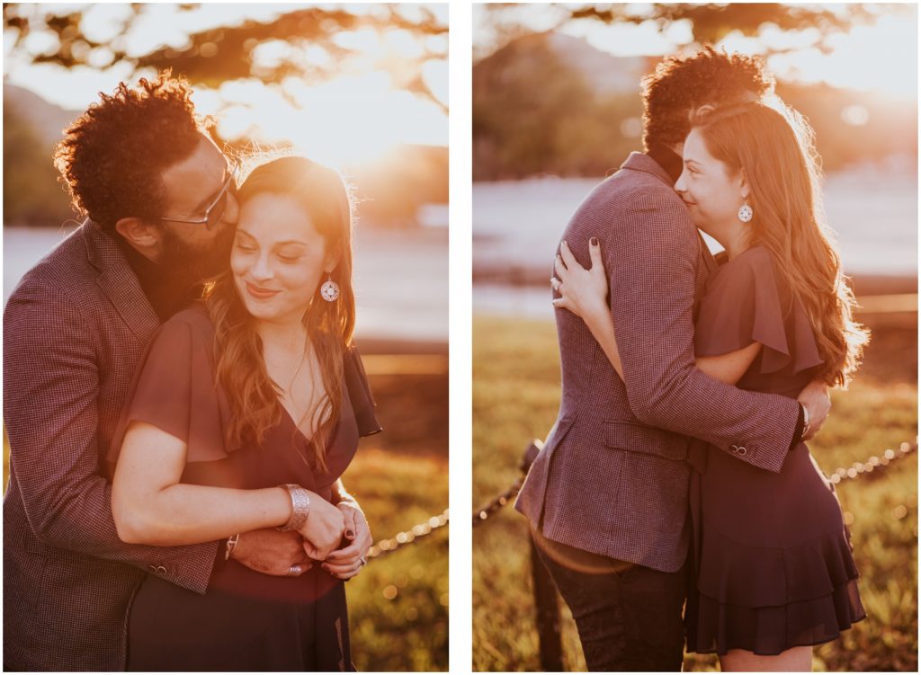 bride hugs groom during Capitol Hill engagement session at sunset