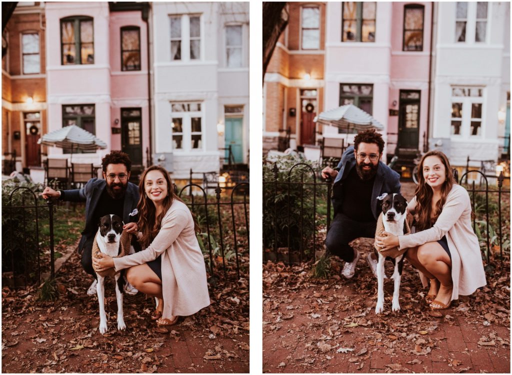 couple poses with dog during DC engagement photos