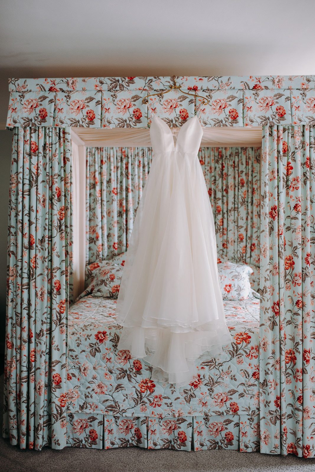 dress hanging in bridal suite