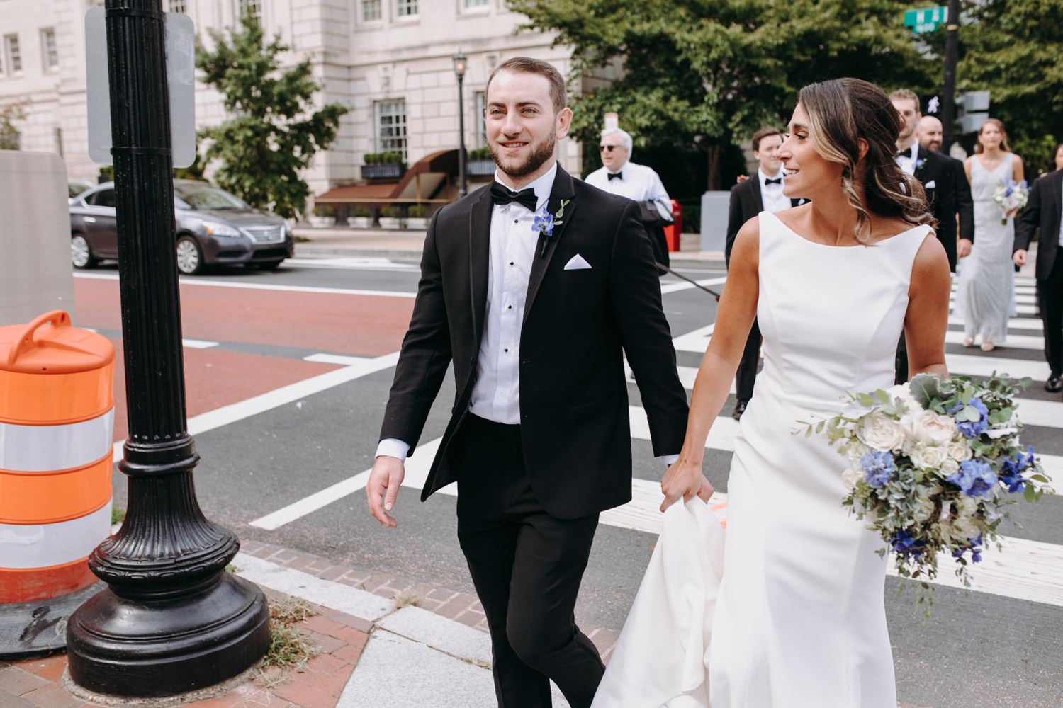 dc city crosswalk bride and groom