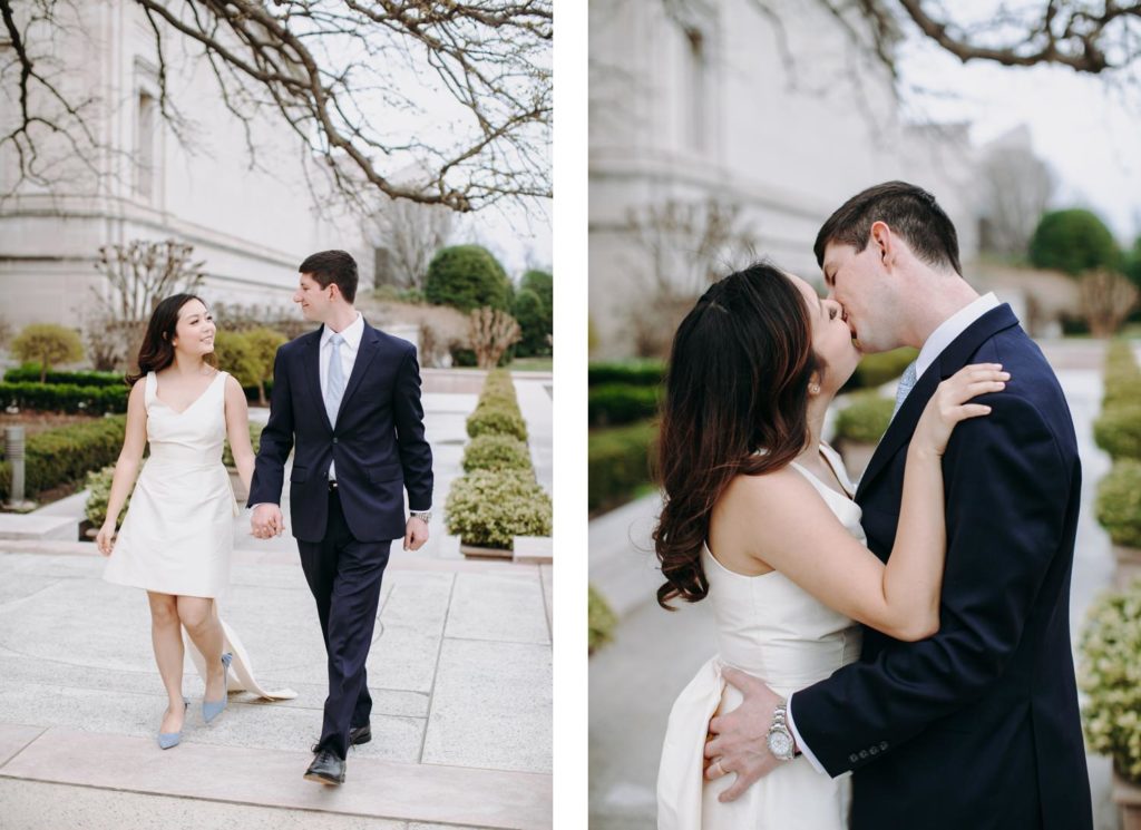 bride and groom walking and kissing