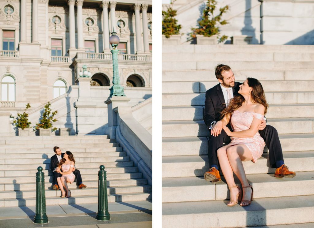 couple sitting on library of congress steps at sunset