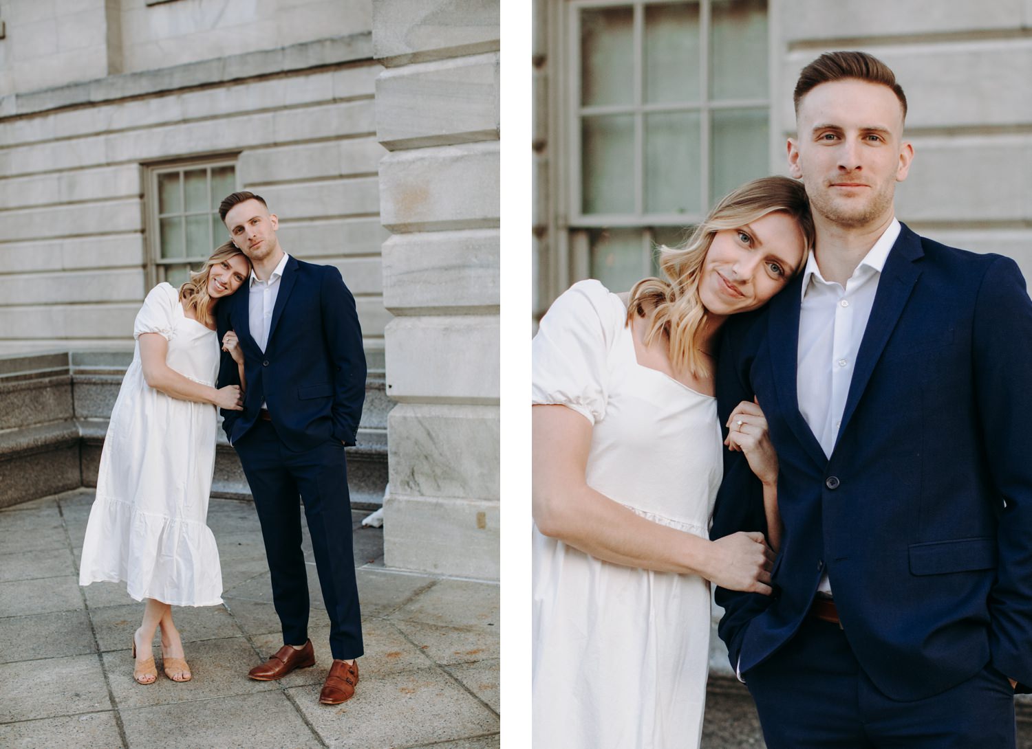 girl leans on fiancé shoulder