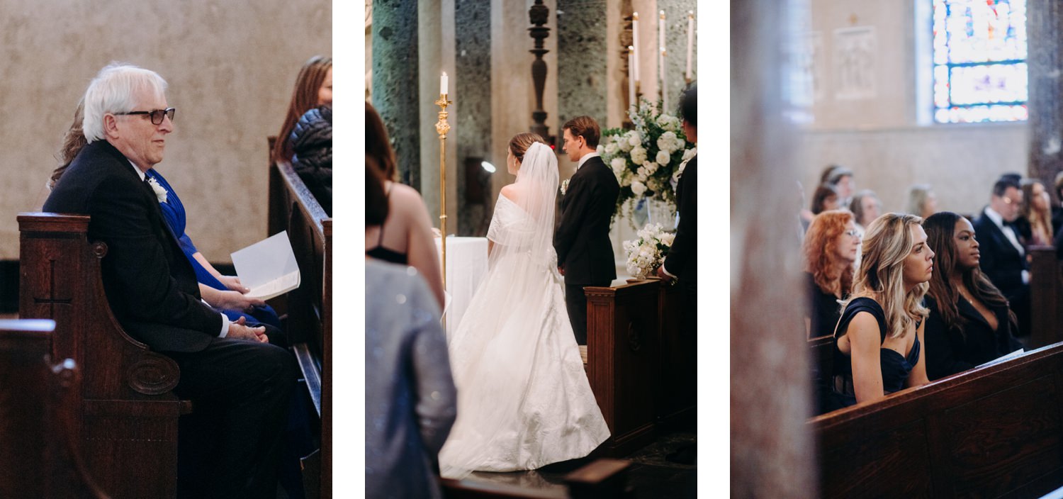 bride and groom standing at Catholic Church ceremony