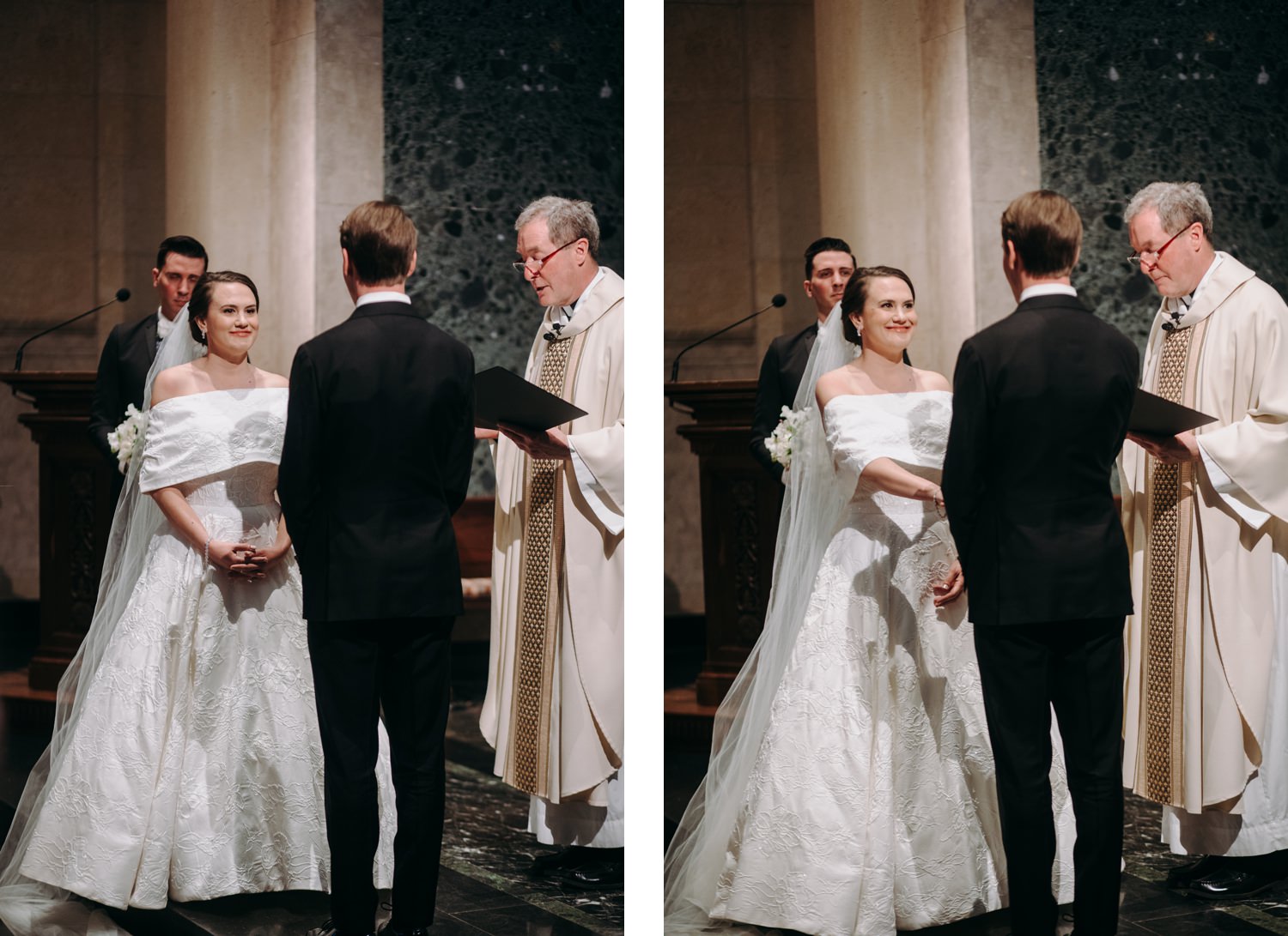 bride looking at groom in church