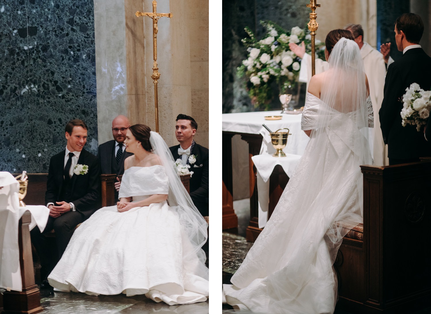bride and groom look at each other at Catholic ceremony