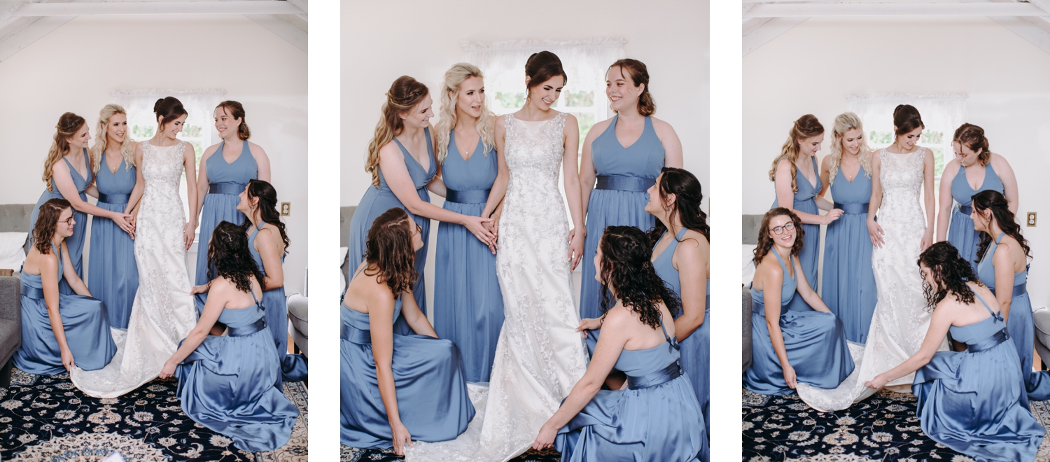 bride and bridesmaids getting ready in cottage