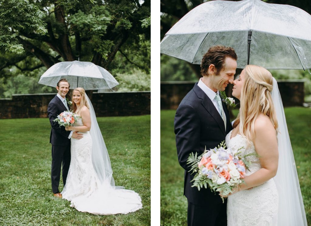 bride and groom in rain in virginia