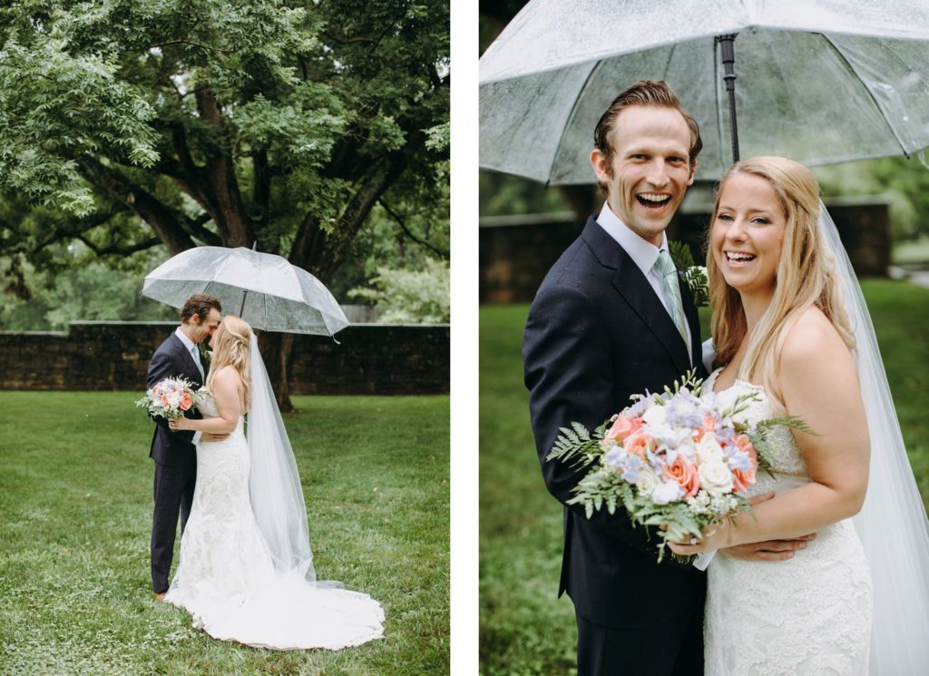 rainy bride and groom portraits