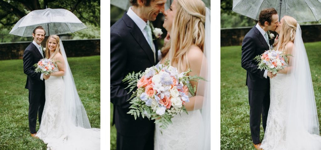 groom and bride under umbrella