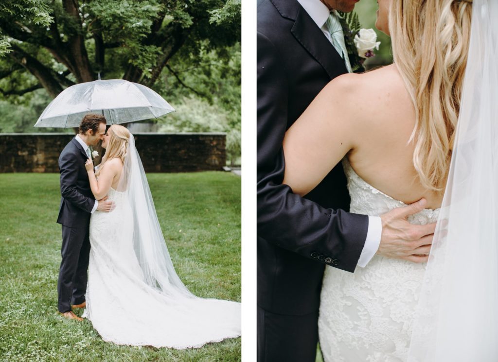 bride and groom cuddling under umbrella