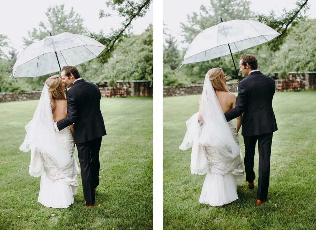 bride and groom walking candid in rain