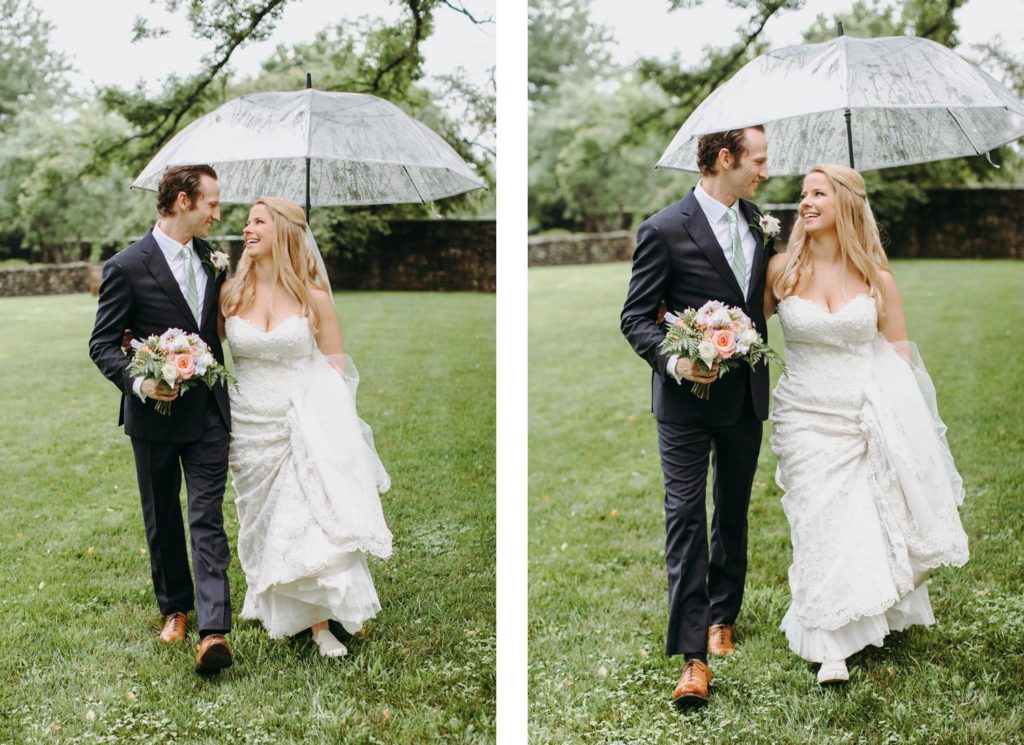 wedding couple laughing in rain