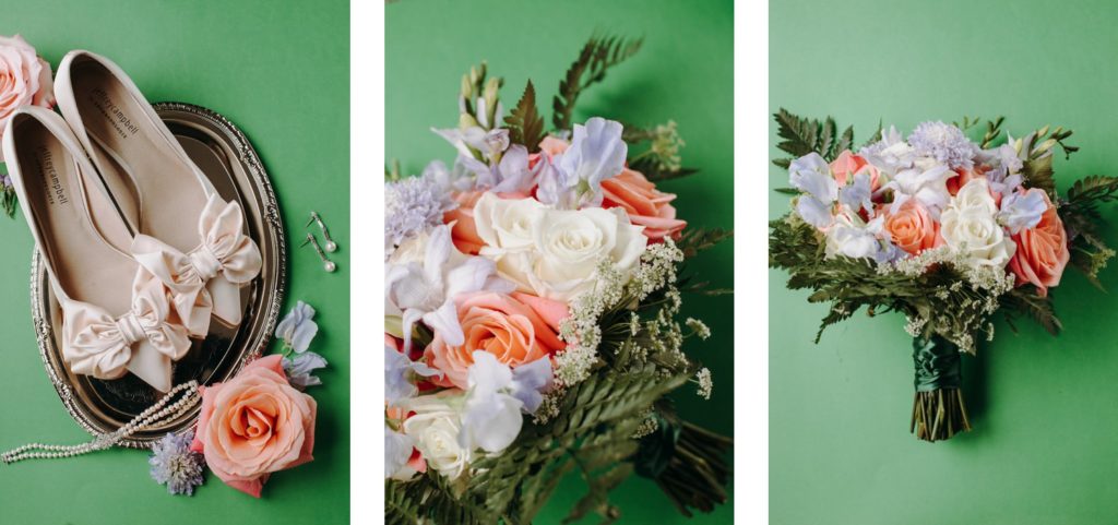 wedding bouquet on green backdrop