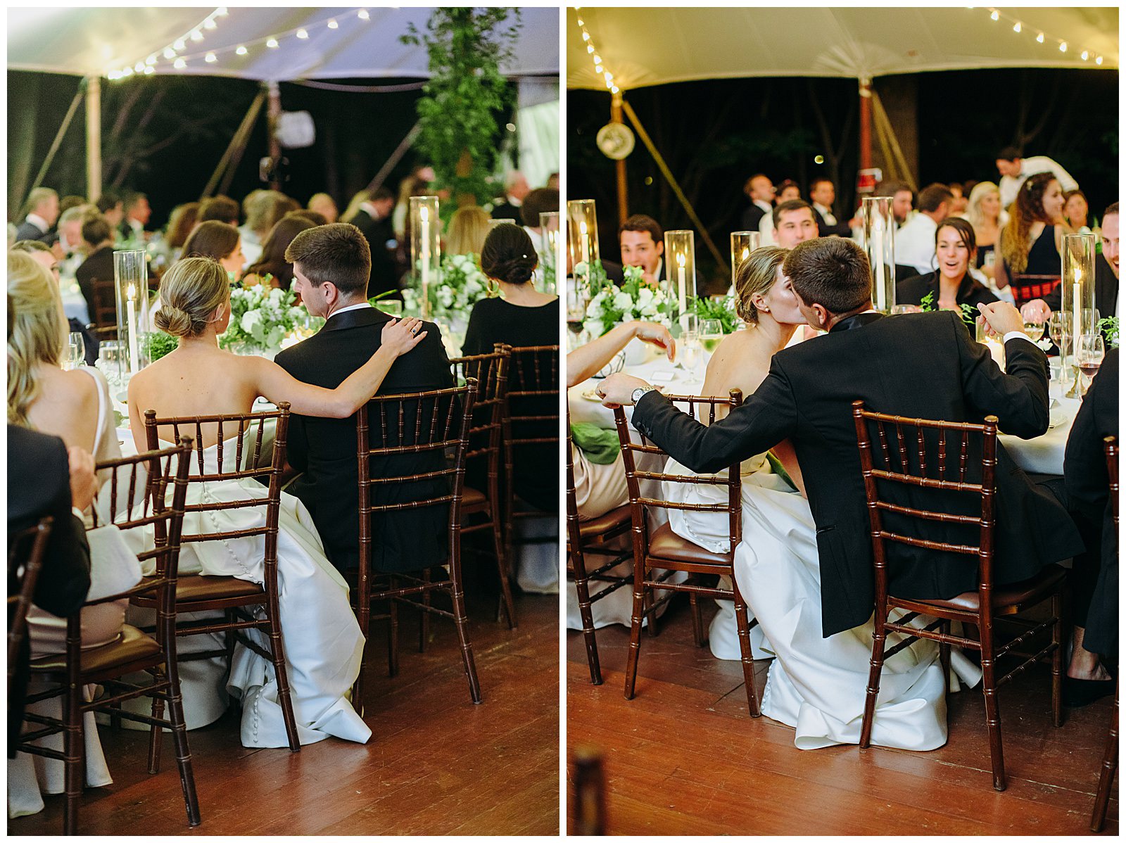 bride and groom look at each other and kiss while seated at their table