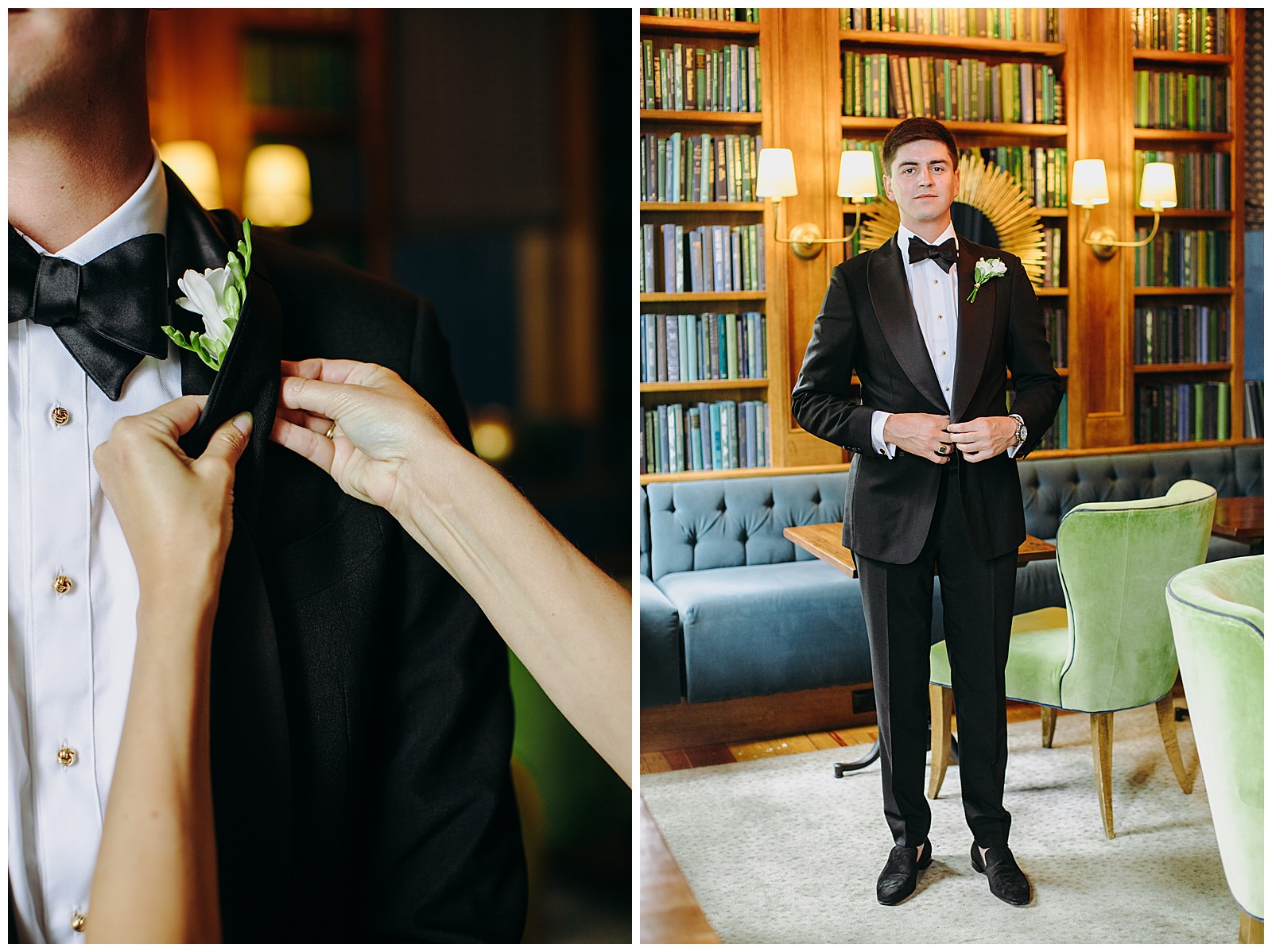 groom gets dressed in black tux at the Clifton Inn