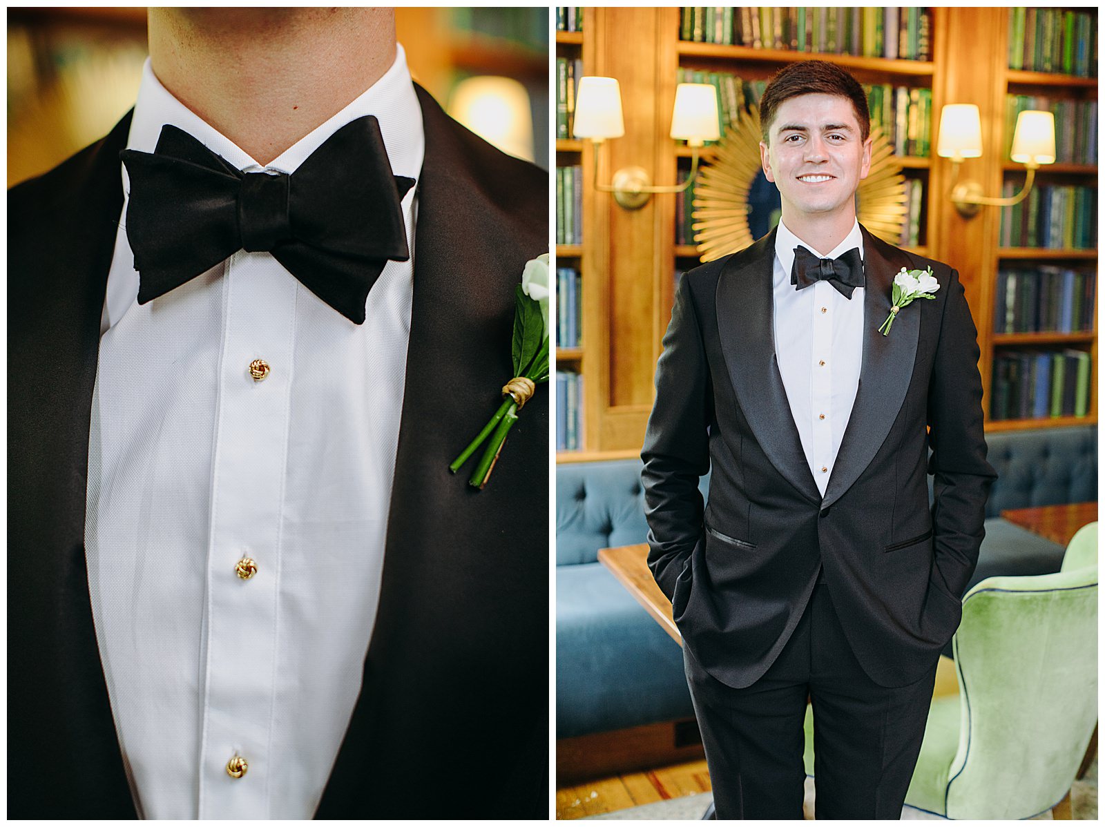 groom smiling at camera at the Clifton Inn in the study