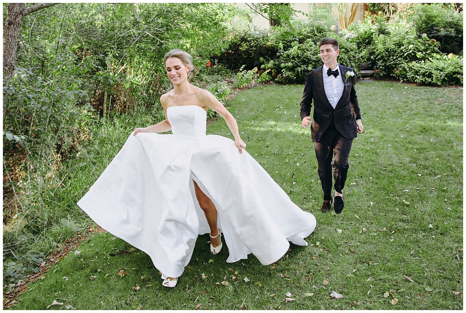 bride and groom running and chasing each other