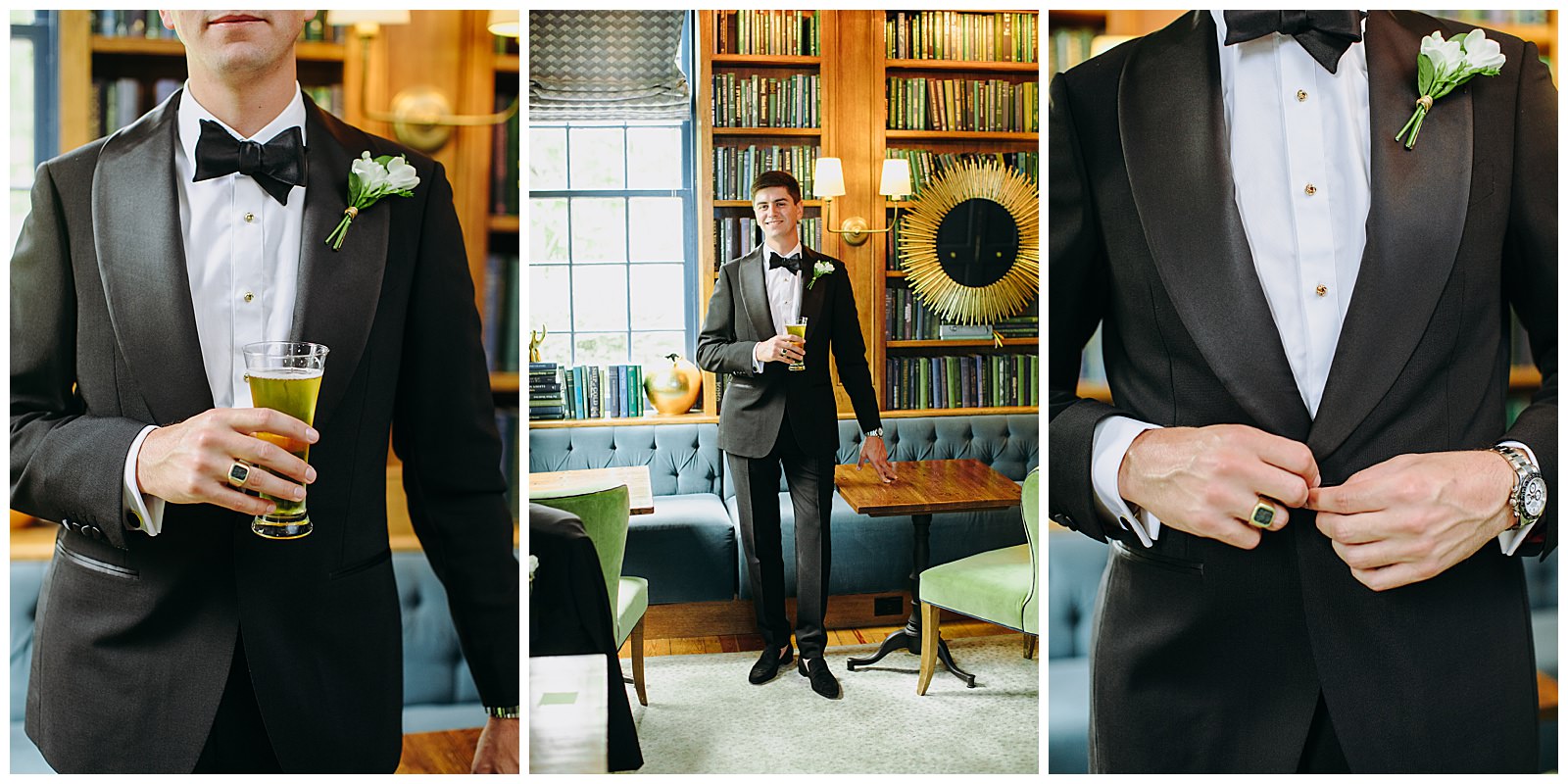 groom in black tux holding a beer for portraits