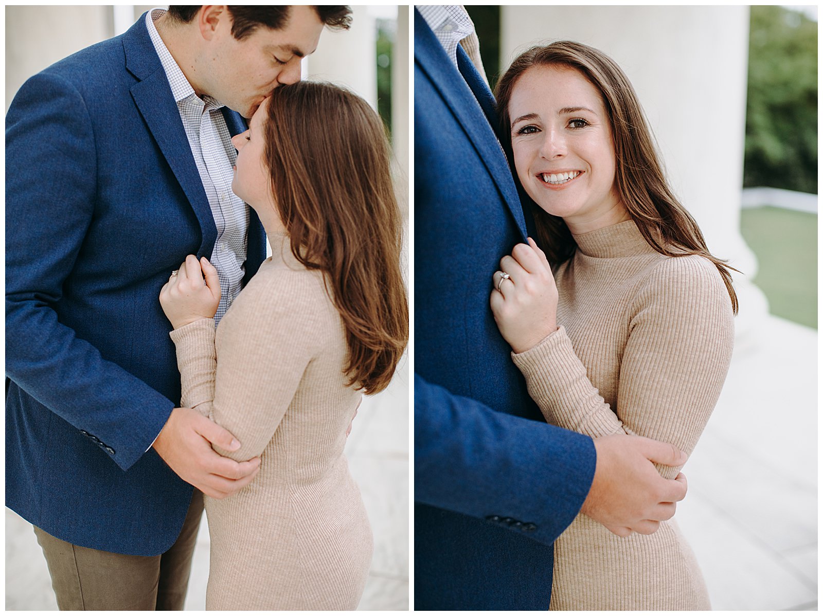 Jefferson Memorial Engagement Photos girl smiles at camera