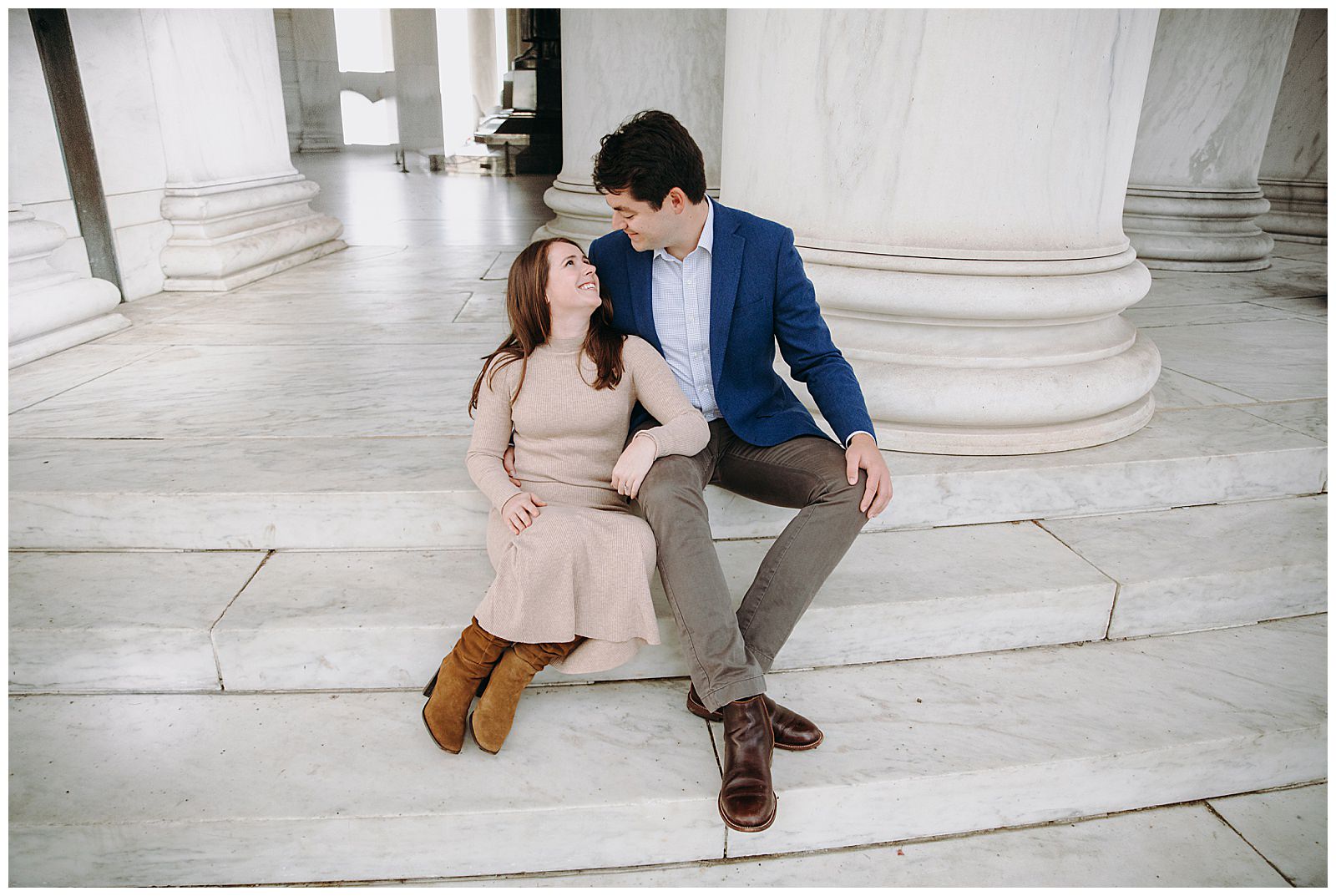 Jefferson Memorial Engagement Photos couple seated together