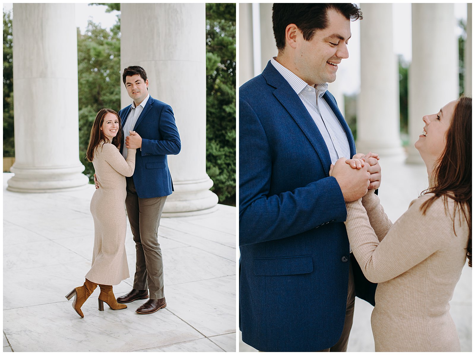 Jefferson Memorial Engagement Photos couple smiling at each other