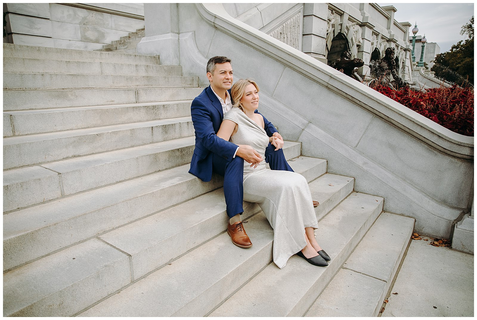 Library of Congress Engagement Photos couple seated on staircase