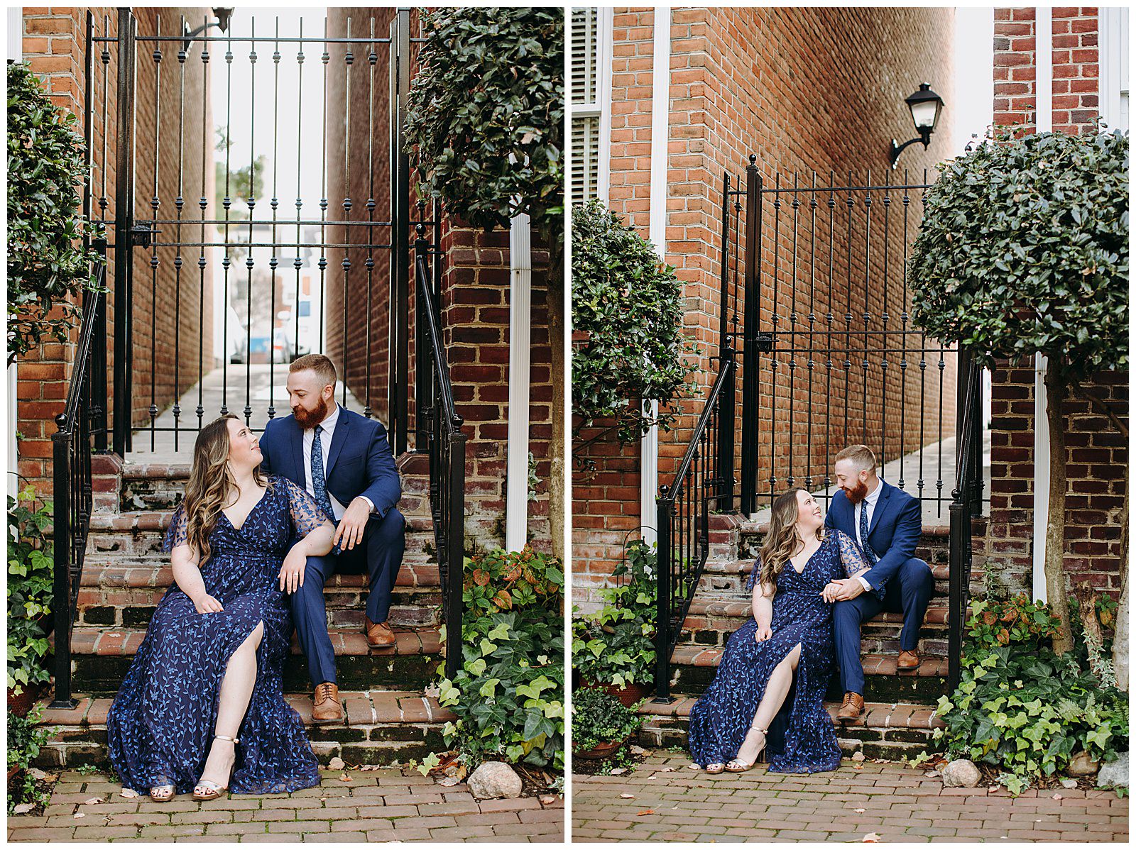 Old Town Alexandria Engagement Photos cobblestone street sitting