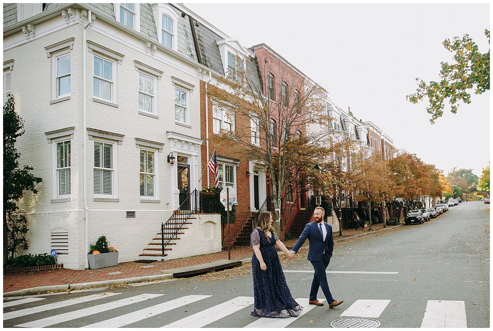 Old Town Alexandria Engagement Photos walking across the street