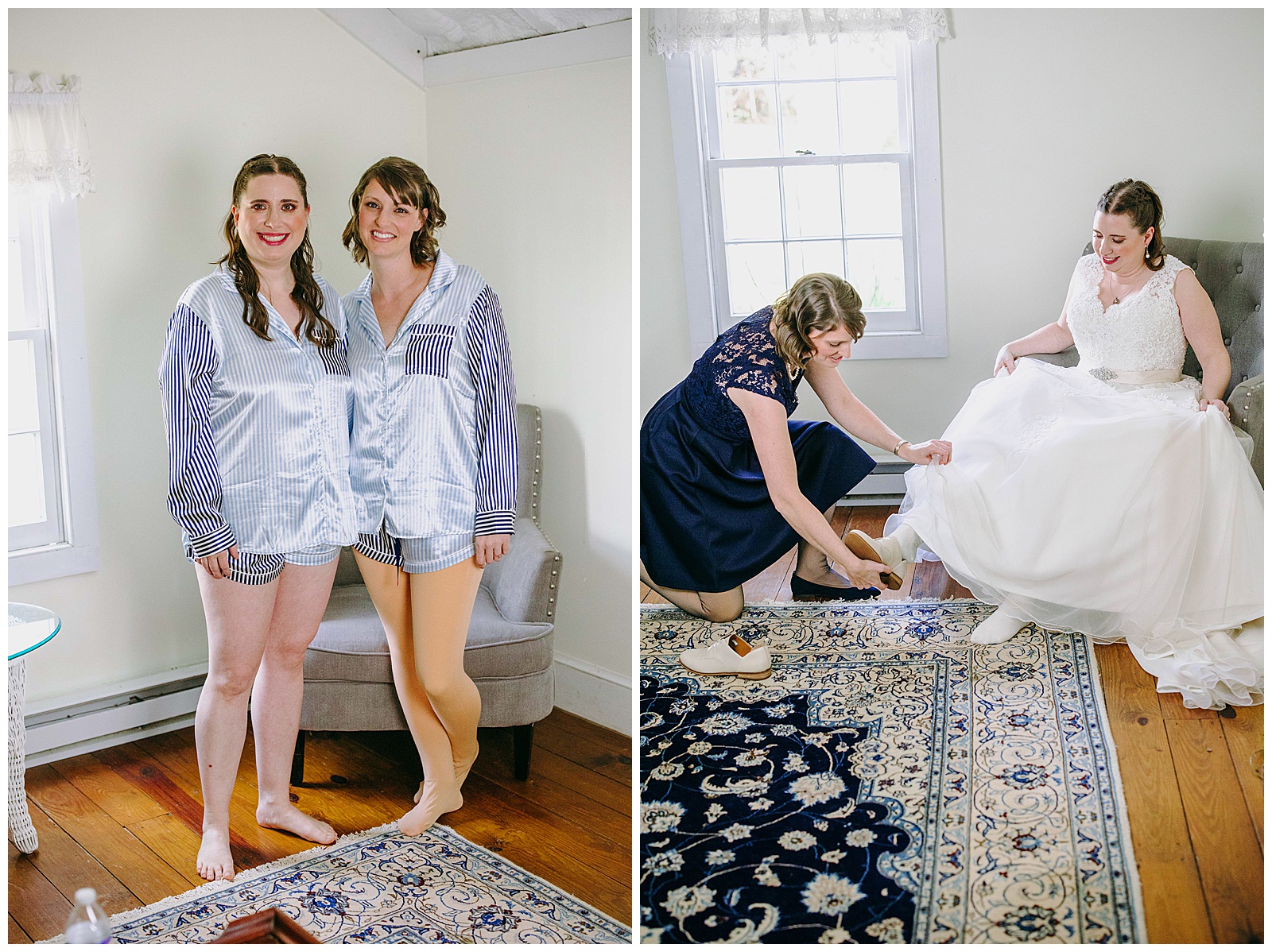 bride with maid of honor in matching pajamas