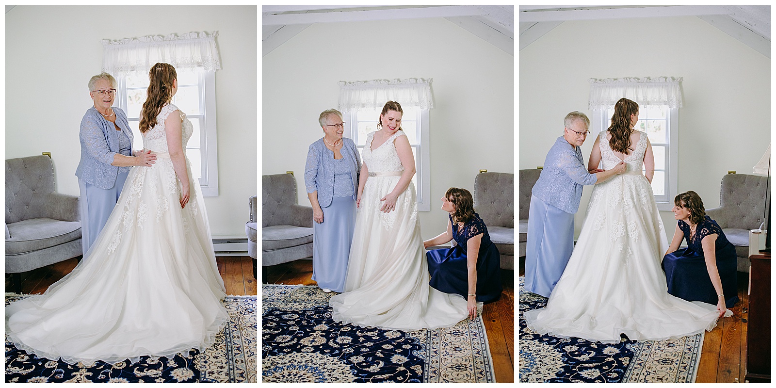 brides mom and friend help her put wedding dress on