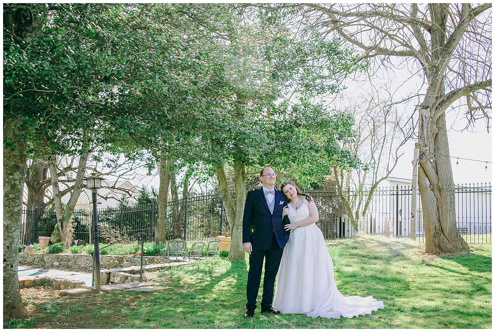 bride and groom outside