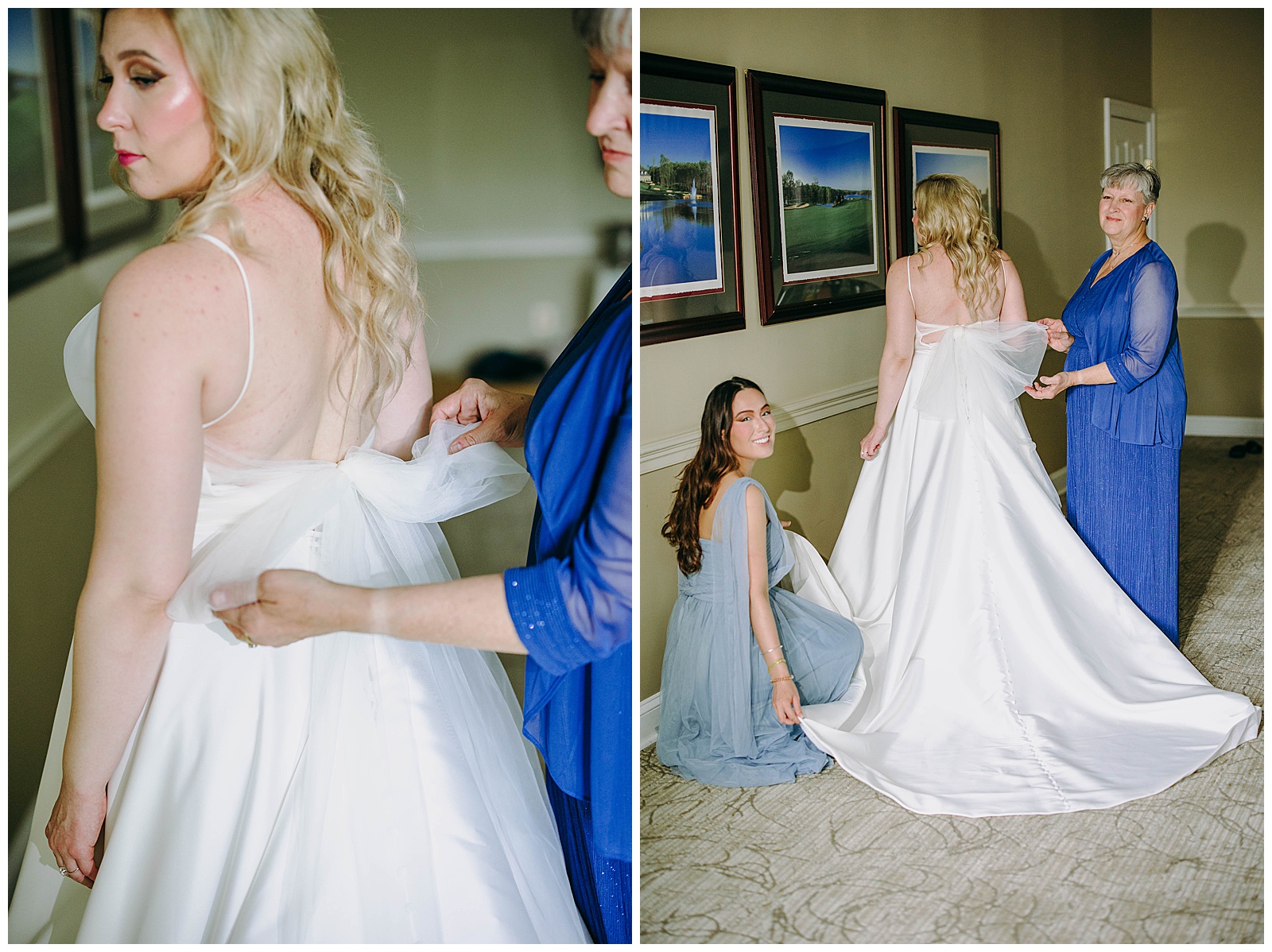 bride putting on dress at stonewall golf club