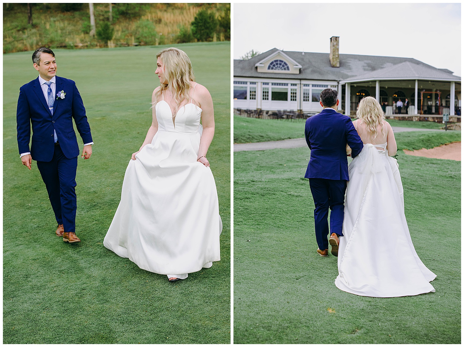 bride and groom walking on golf course to reception