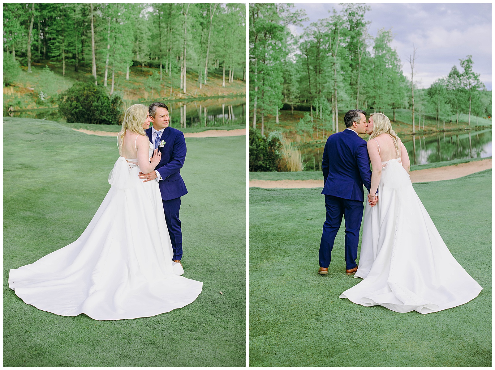 bride and groom on golf course