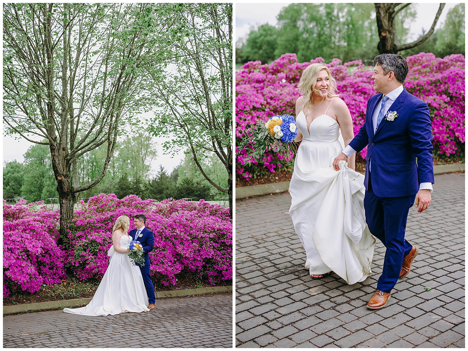 bride and groom portrait in front of pink bushes