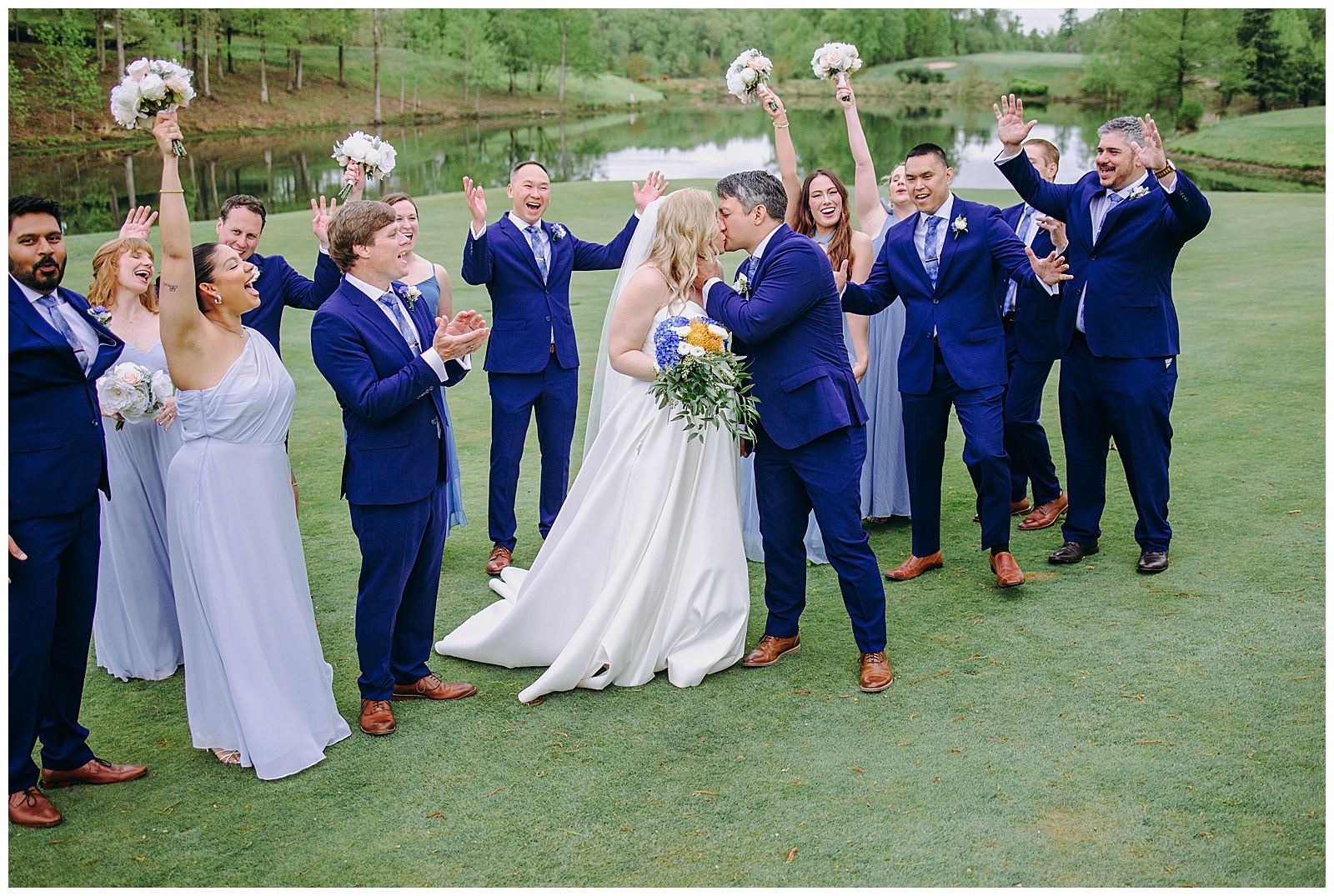 fun bridal party photos, groomsmen and bridesmaids wearing blue