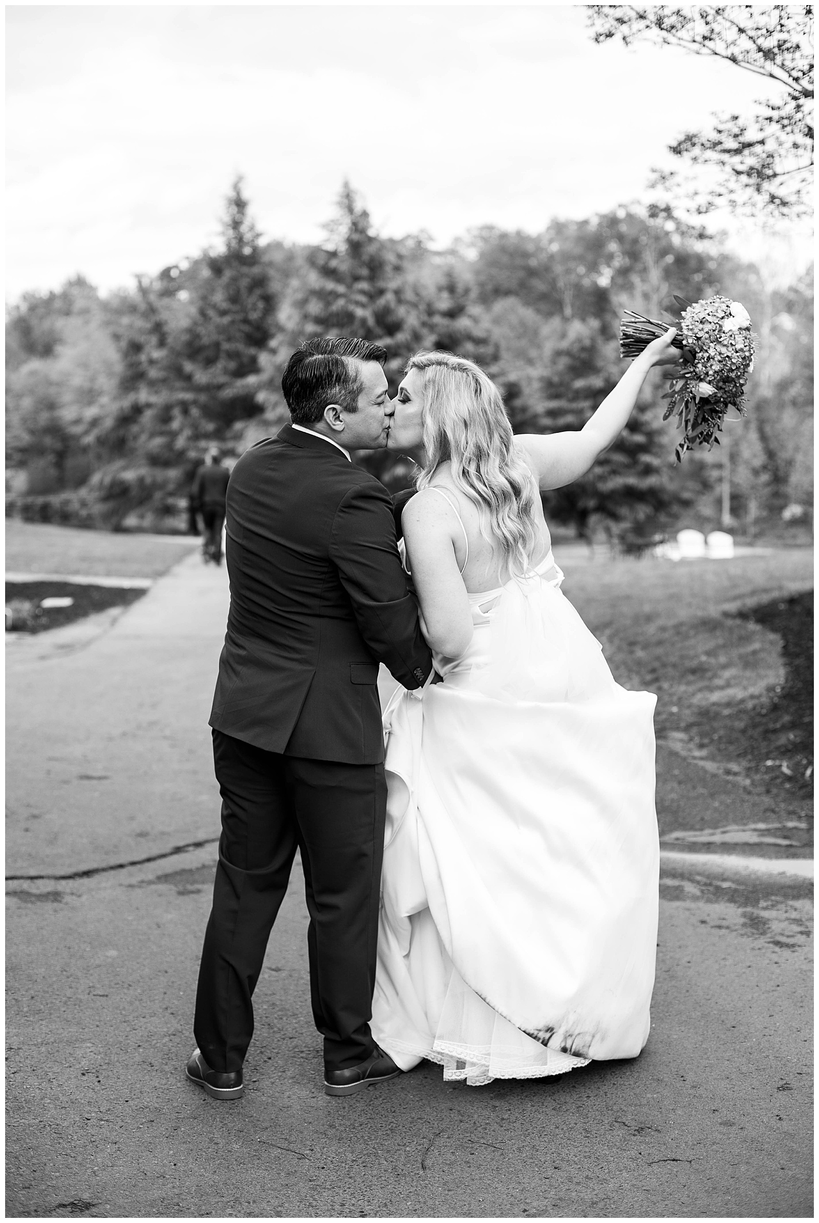 black and white photo of bride and groom