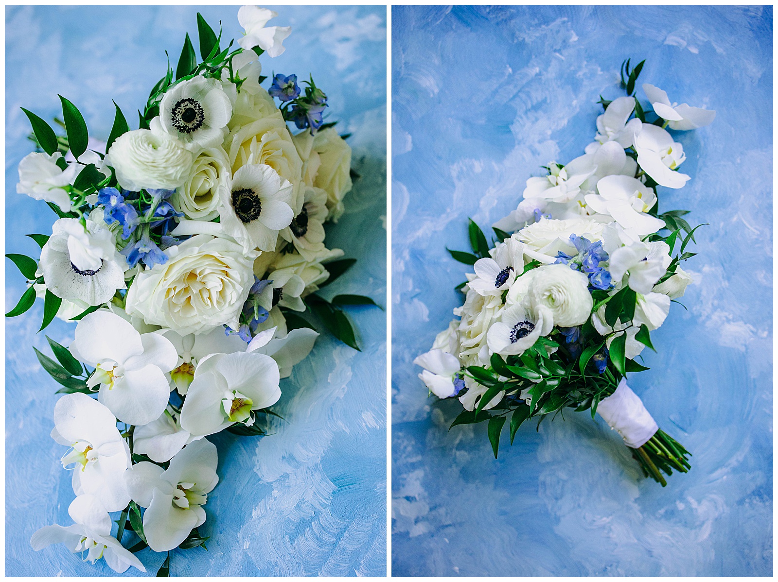 bridal bouquet on blue backdrop