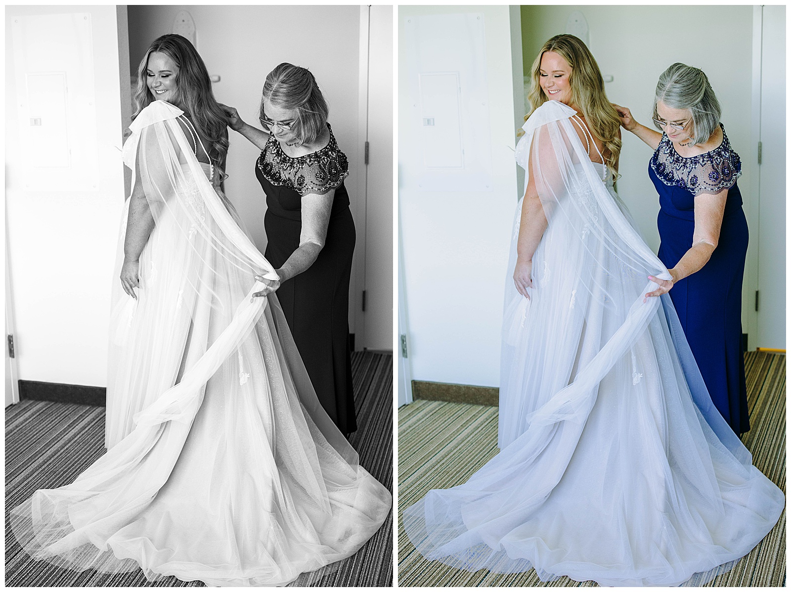 mom helping bride with wedding dress