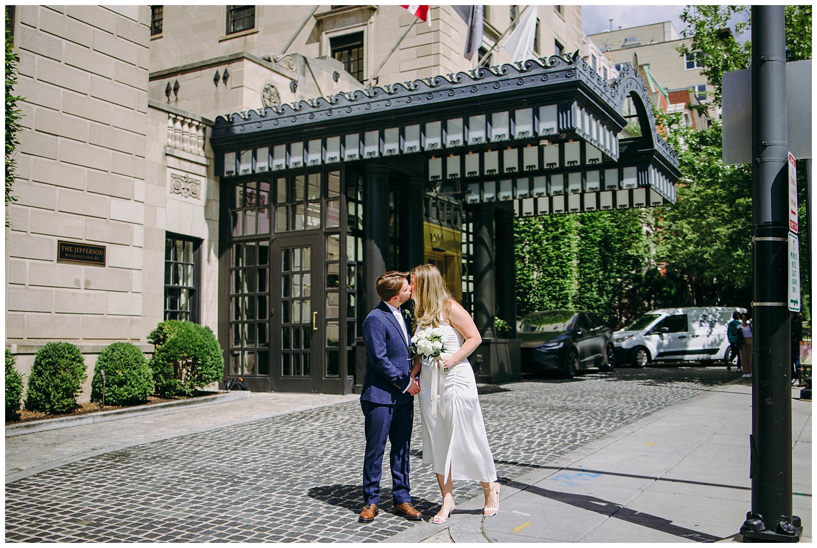 bride and groom outside Jefferson Hotel