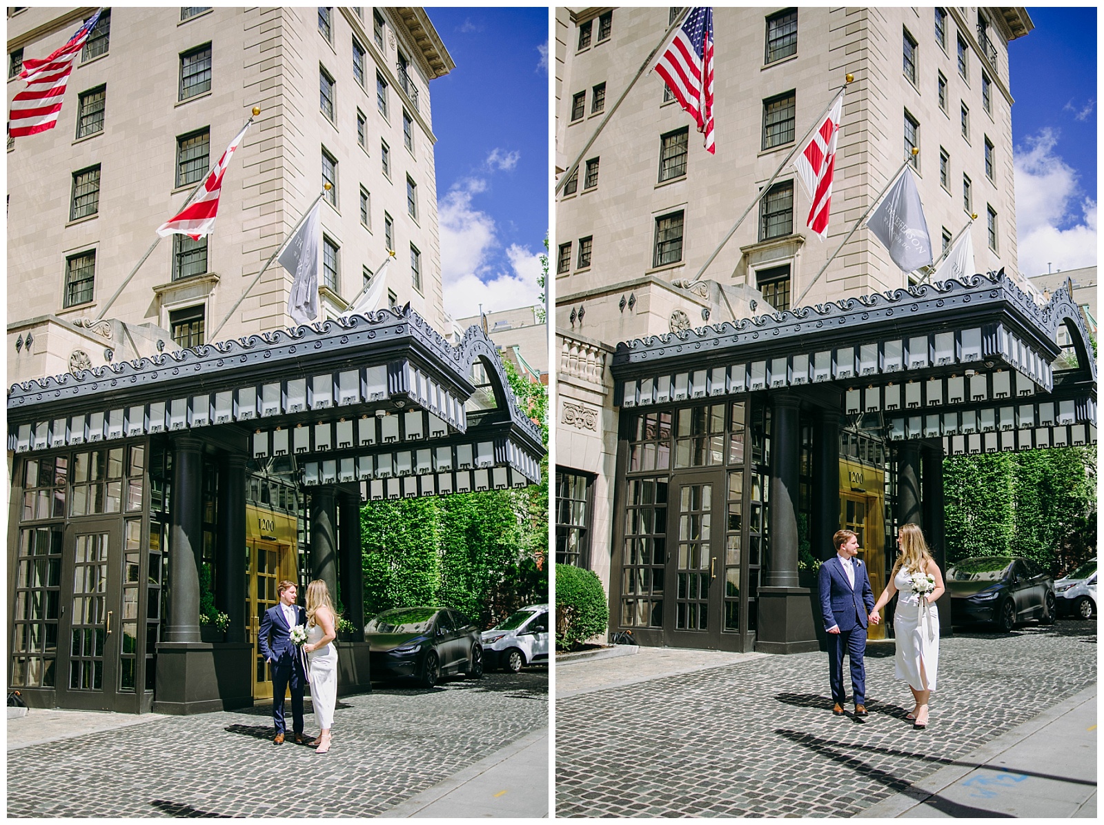 bride and groom outside Jefferson Hotel for their Washington DC Elopement