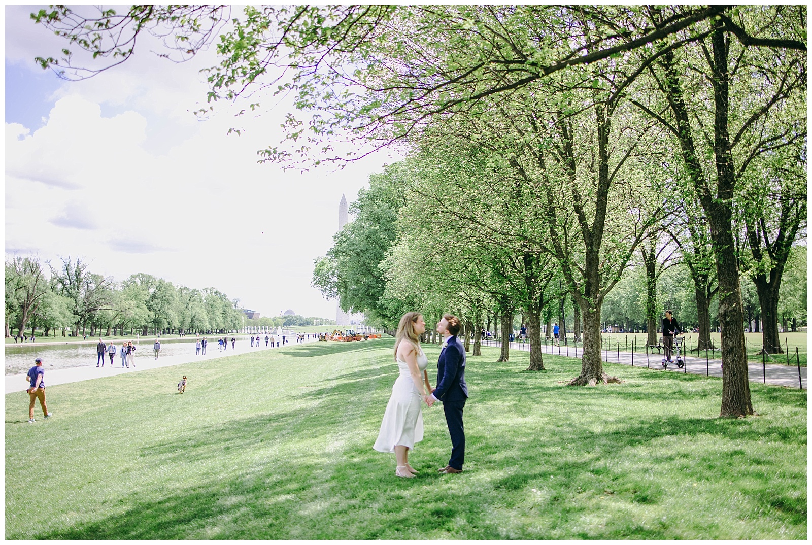 bride and groom outside for Washington Dc elopement at Lincoln